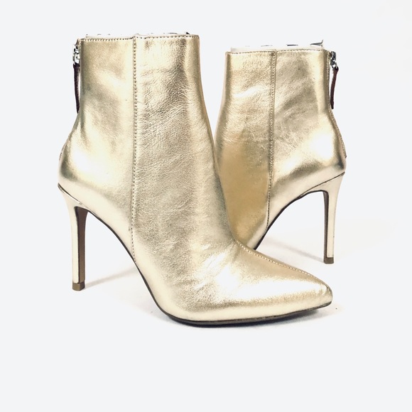 Aqua Pointed Toe Gold Leather Ankle Booties - Picture 5 of 10